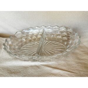 Vintage Fostoria American Clear Cubist Divided 10" Oval Vegetable Bowl